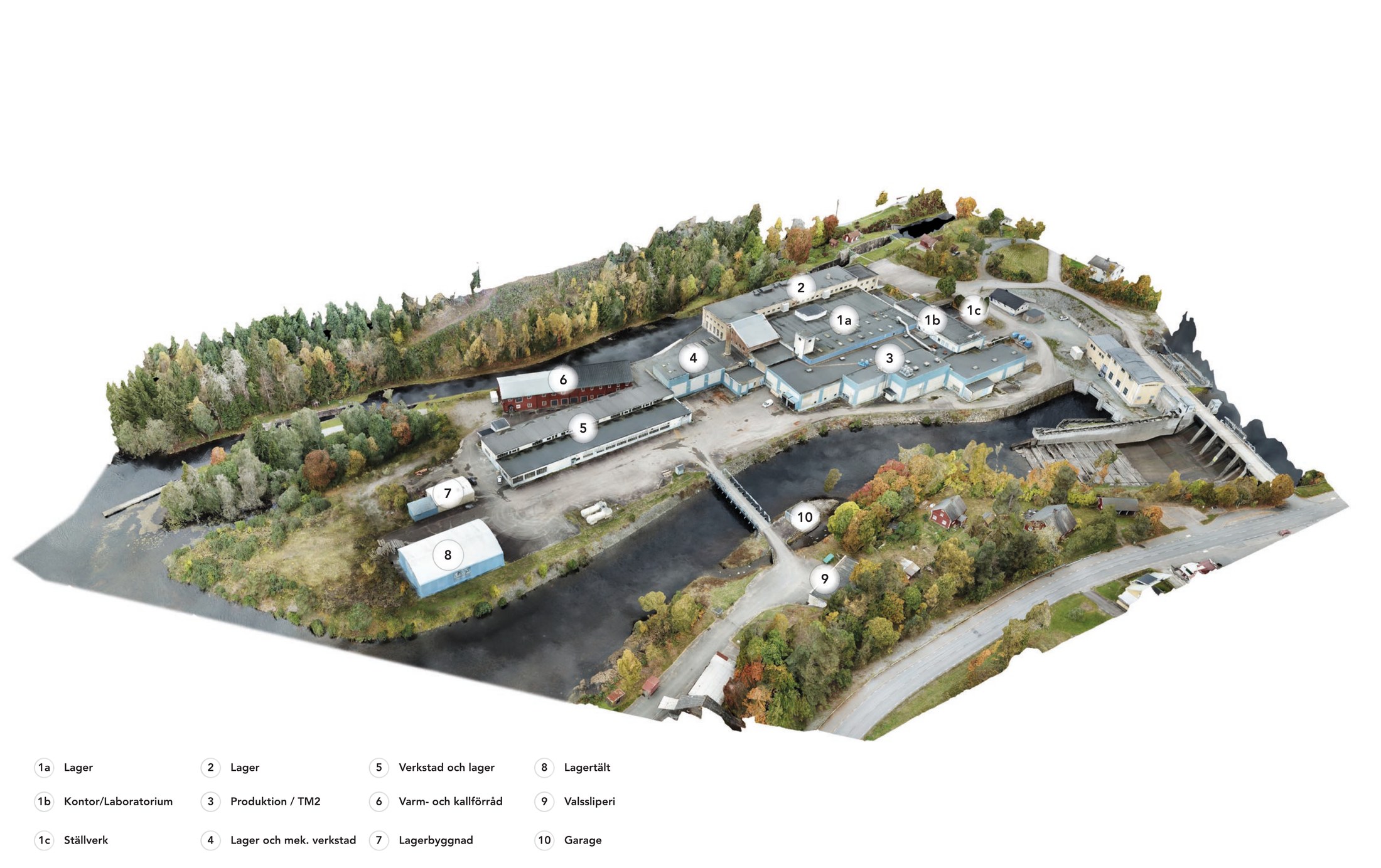 Aerial photo of Långedsverken with the buildings numbered 1a, 1b, 1c and 2–10