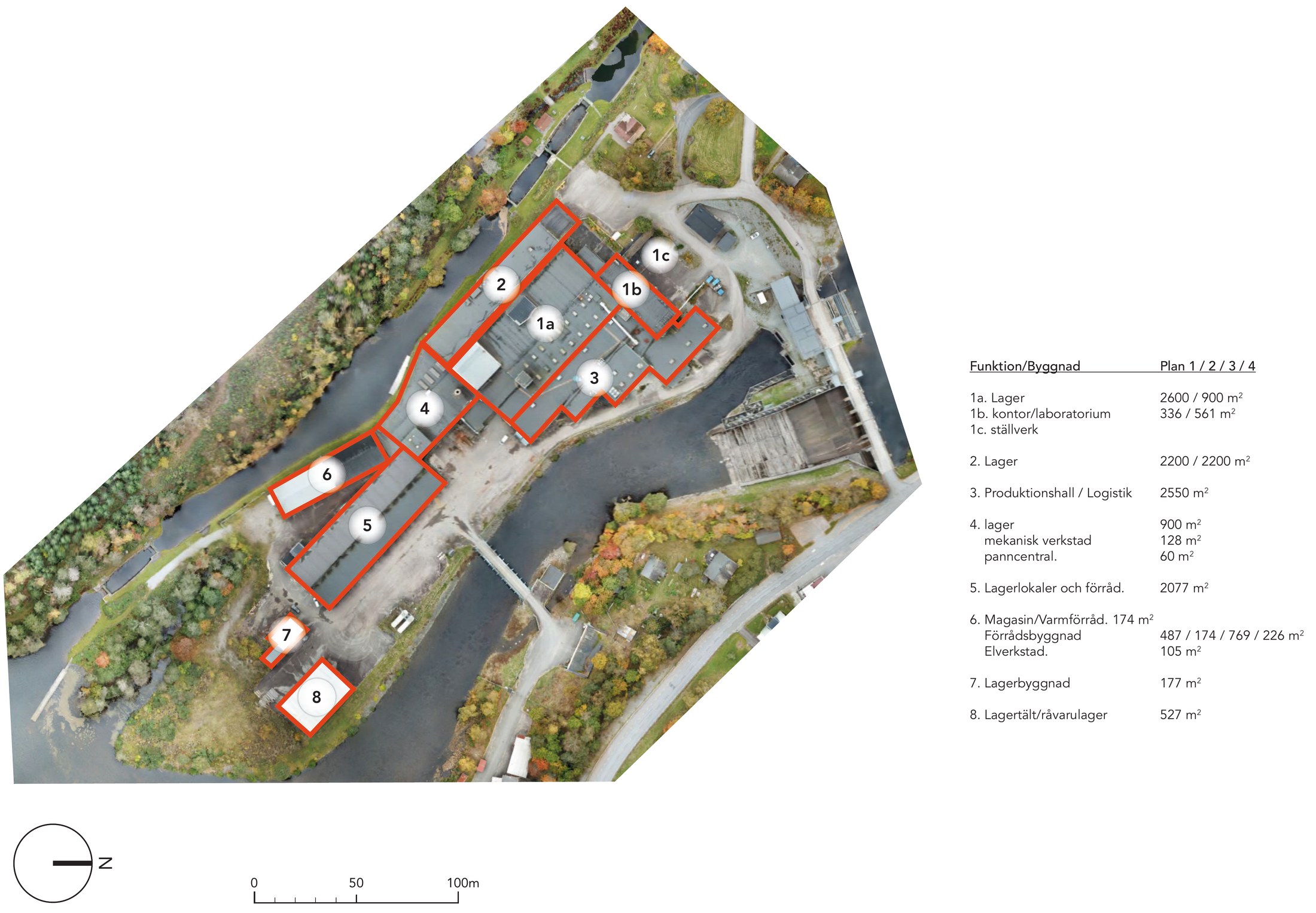 Aerial photo of Långedsverken with the buildings numbered and a table showing floor area per building and storey